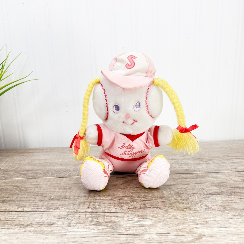 Vintage Sally Slugger Baseball Plush Doll Pink Uniform Yarn Braids 8 Inch